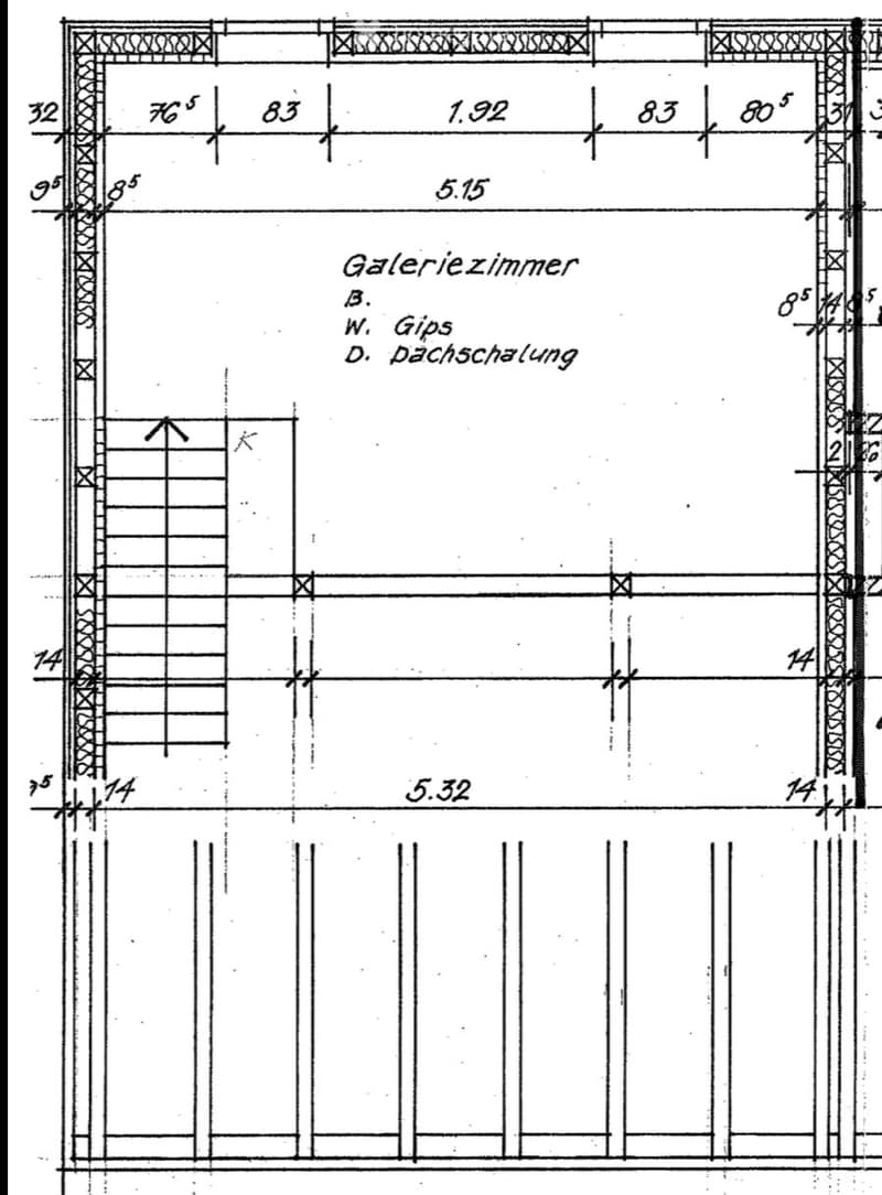 Floor plan of a gallery room with labeled dimensions and structural details, including wall thickness, ceiling height, and room layout.