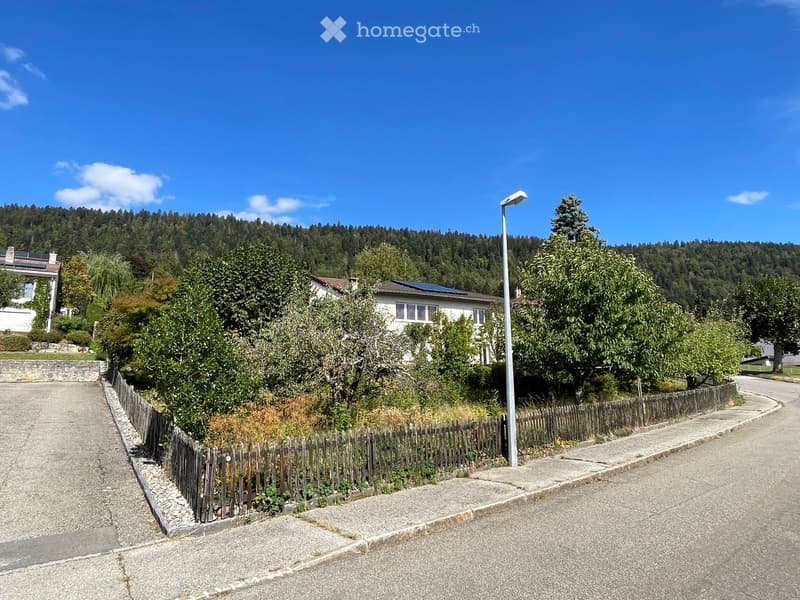 A quiet residential street with a wooden fence, lush greenery, and houses in the background, surrounded by a forested hill under a clear blue sky.