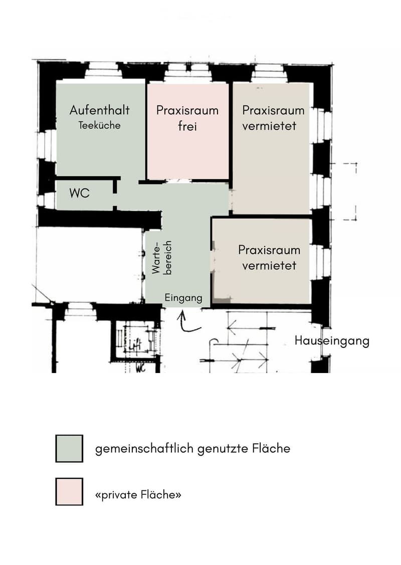 Floor plan showing a shared kitchen area, three practice rooms (one rented, one free), a waiting area, and a WC.