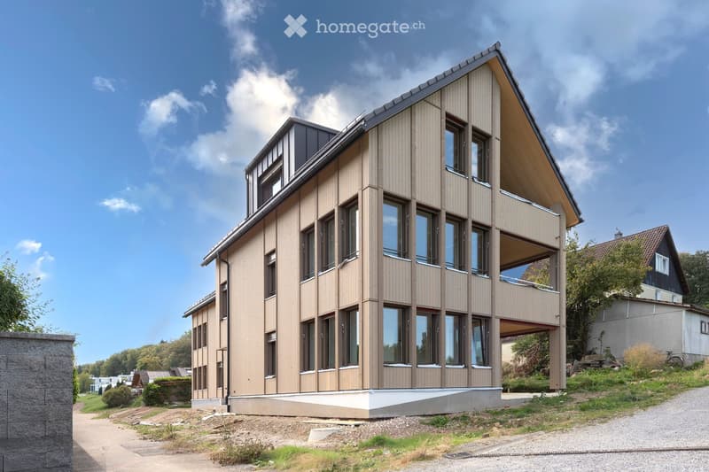 Modern two-story house with light brown wooden siding, large windows, and a raised ground floor. The house features a prominent balcony on the upper level and a sloped roof with dark accents.