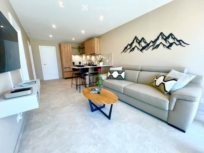 Furnished Room. Modern open-plan living and dining area with a light grey sofa, wooden coffee table, flat-screen TV, and a small kitchen area with bar stools and wooden cabinets.