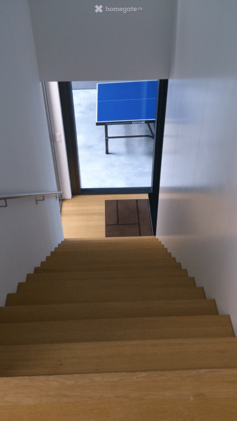 Wooden staircase leading up with white walls and a glass door at the top, revealing a blue object in the background.