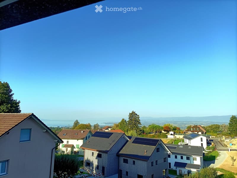 Residential neighborhood with modern houses, solar panels on roofs, and a scenic view of a lake and distant mountains.