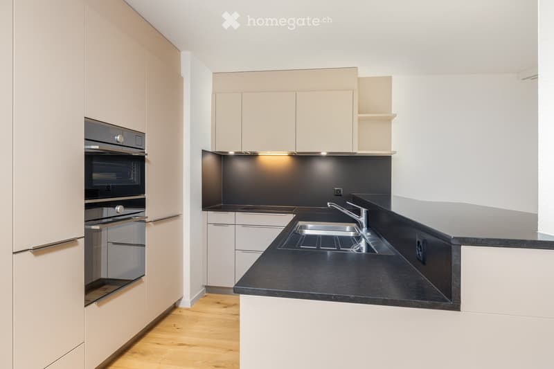 Modern kitchen with light-colored cabinets, black countertops, a stainless steel sink, and built-in ovens.