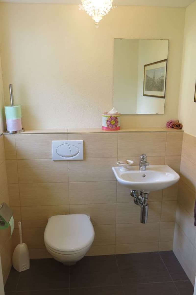 Modern bathroom with a white toilet, a white sink with a chrome faucet, a large mirror above the sink, and a light switch on the wall. The walls are tiled in a light wood pattern, and the floor is dark tiled.
