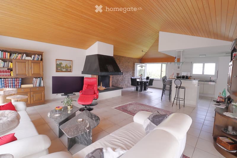 Open-plan living and dining area with a white sofa, coffee table, armchair, bookshelf, television, fireplace, and dining table with chairs. The space features a wooden ceiling and tiled floor.