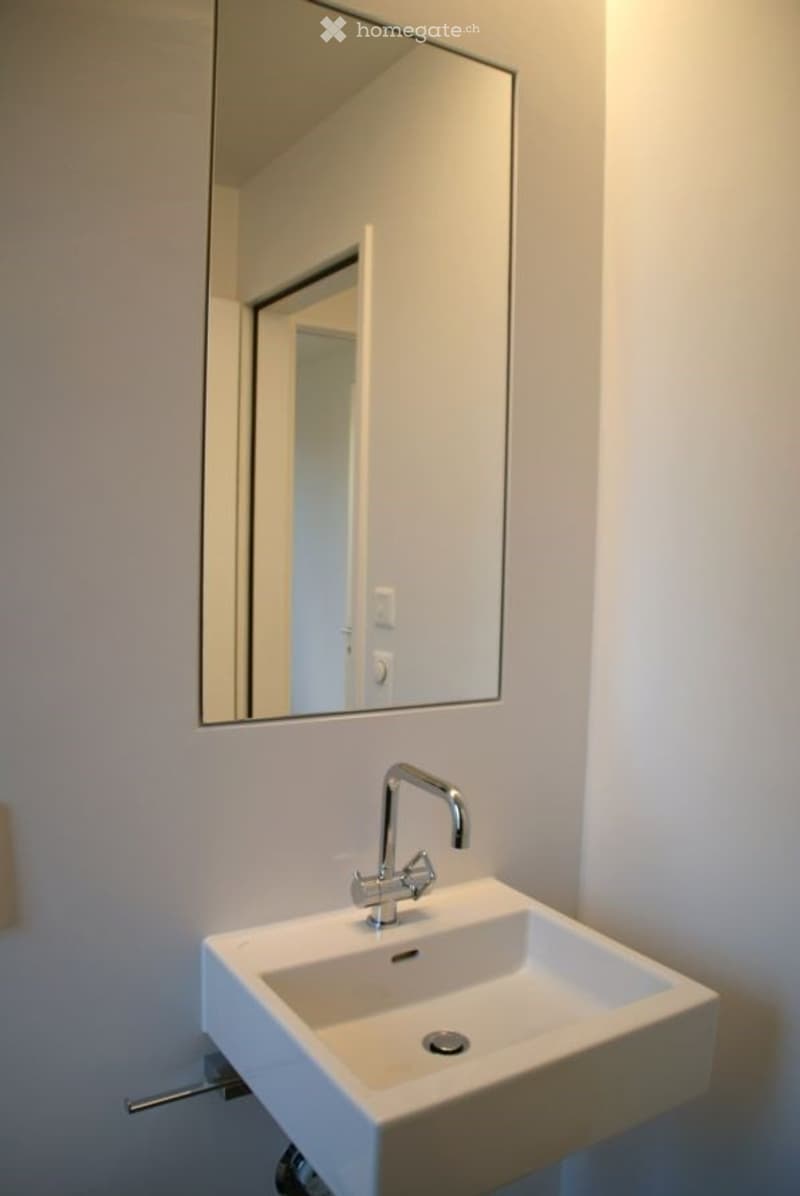 Modern bathroom with a white sink, chrome faucet, and large rectangular mirror above it.