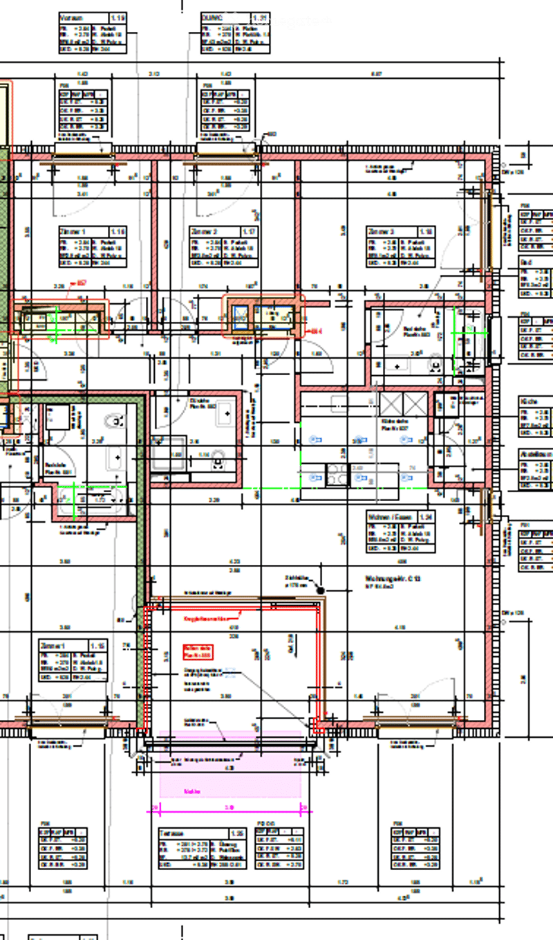 Detailed floor plan of a multi-story building with labeled rooms, dimensions, and structural elements. Includes living areas, bedrooms, bathrooms, and utility spaces.