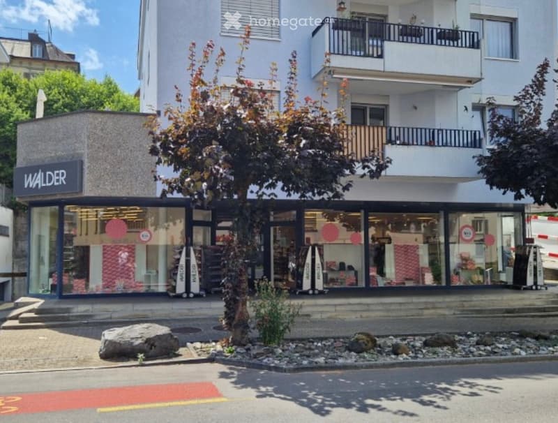 Modern commercial building with large glass storefronts, signage reading "WÄLDER", and a small landscaped area with rocks and a tree in front.