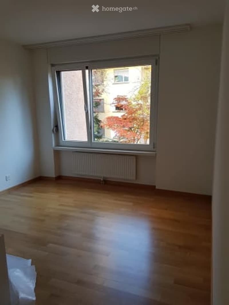 Empty room with wooden flooring, large window with view, radiator below window, and neutral-colored walls.