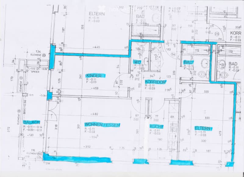 Floor plan of a multi-room apartment including living room, kitchen, bedrooms, bathrooms, and a balcony.