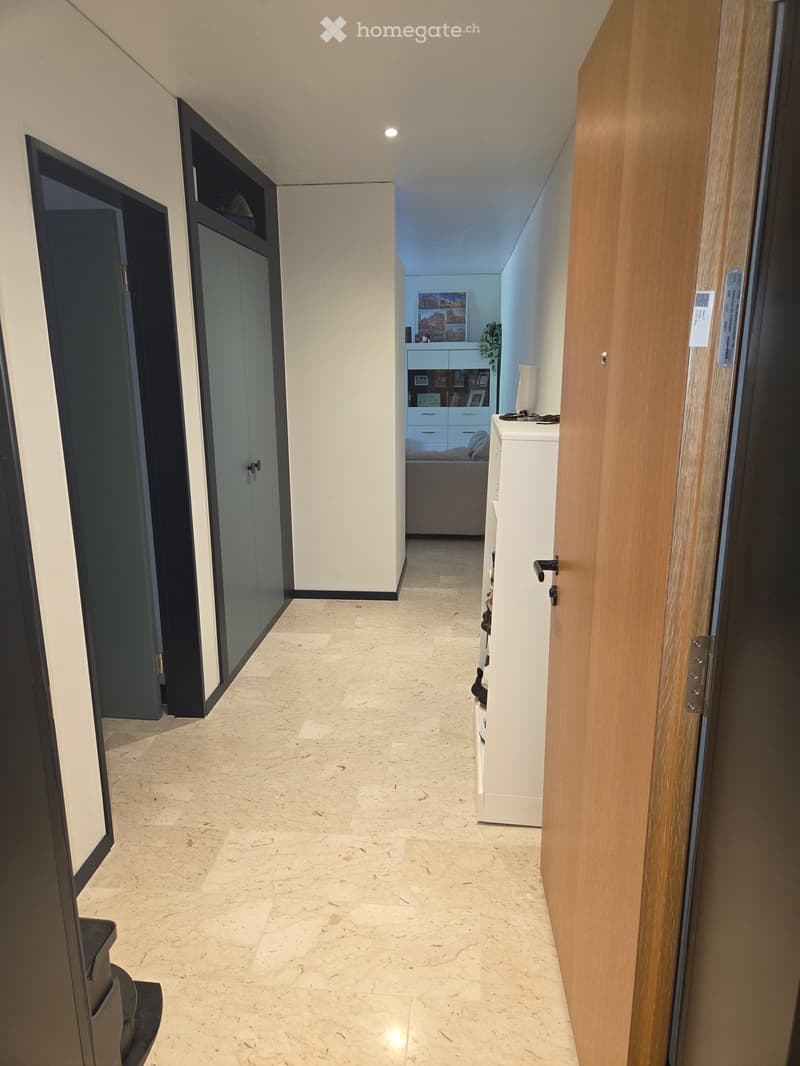 Modern hallway with marble flooring, white walls, and several doors leading to different rooms. A small table with a lamp and a plant is visible in the background.