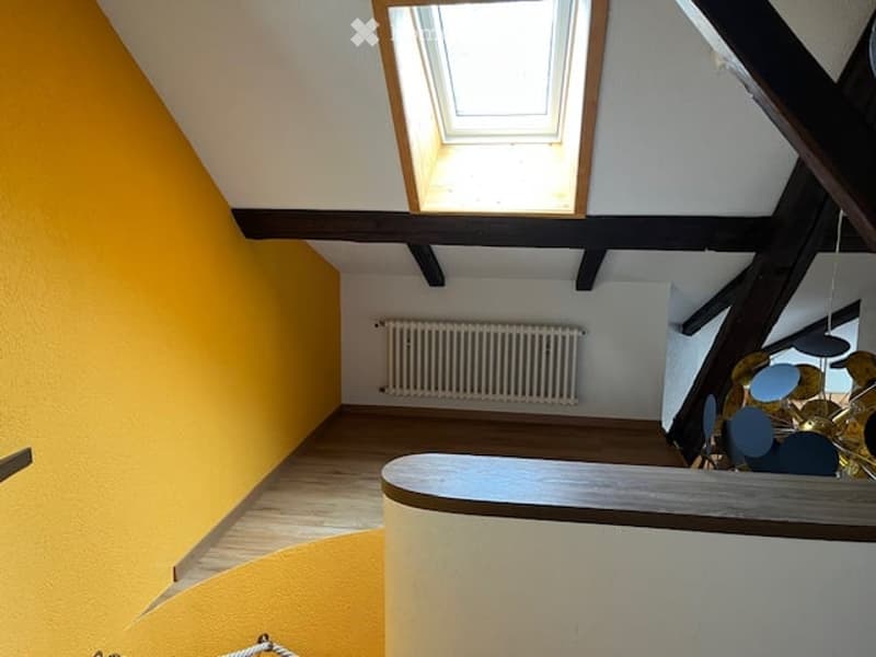Bright hallway with wooden flooring, exposed wooden beams, a skylight window, and a radiator on the wall.