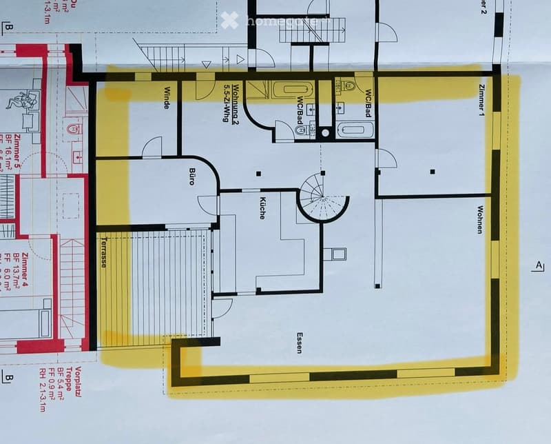 Floor plan showing a multi-room layout including a kitchen, living area, bedroom, bathroom, and terrace.