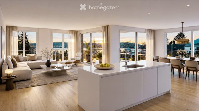 Modern open-concept living and dining area with a large kitchen island, white cabinets, and a view of the cityscape through large windows.