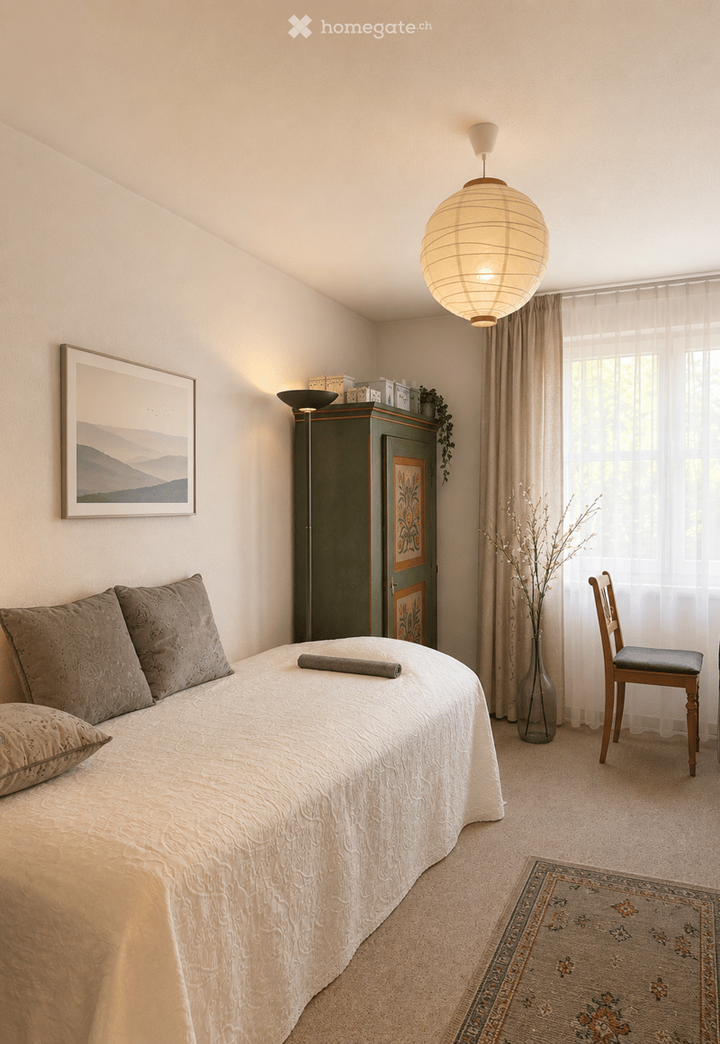 A well-lit bedroom with a neatly made bed, pillows, a chair, a cabinet, a vase with plants, a picture frame, and a pendant light.