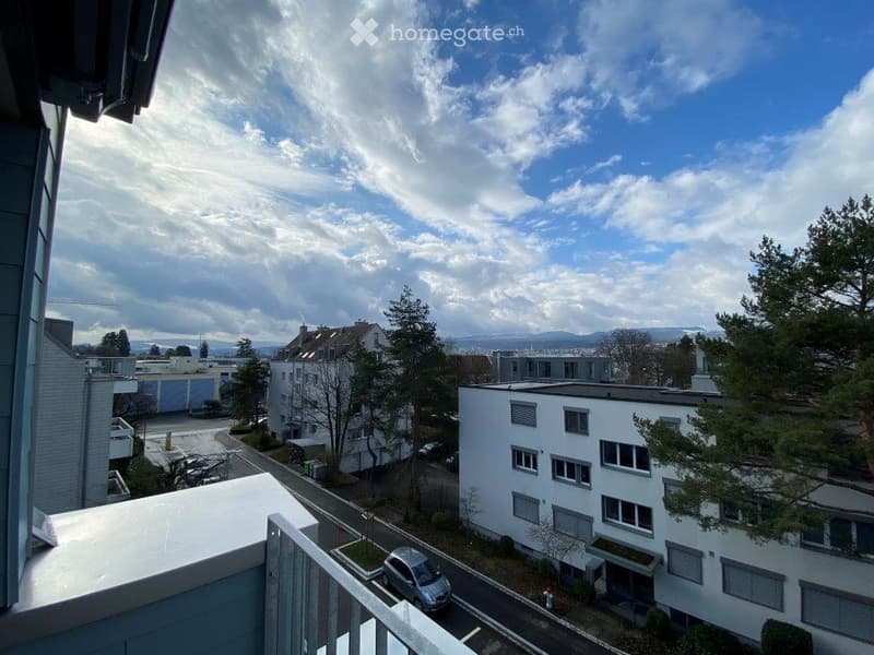 Balcony view overlooking a residential area with buildings, trees, and a road with a parked car.