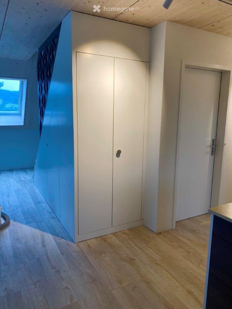 Empty room with wooden flooring, white walls, a large built-in closet, and a small window with a view.