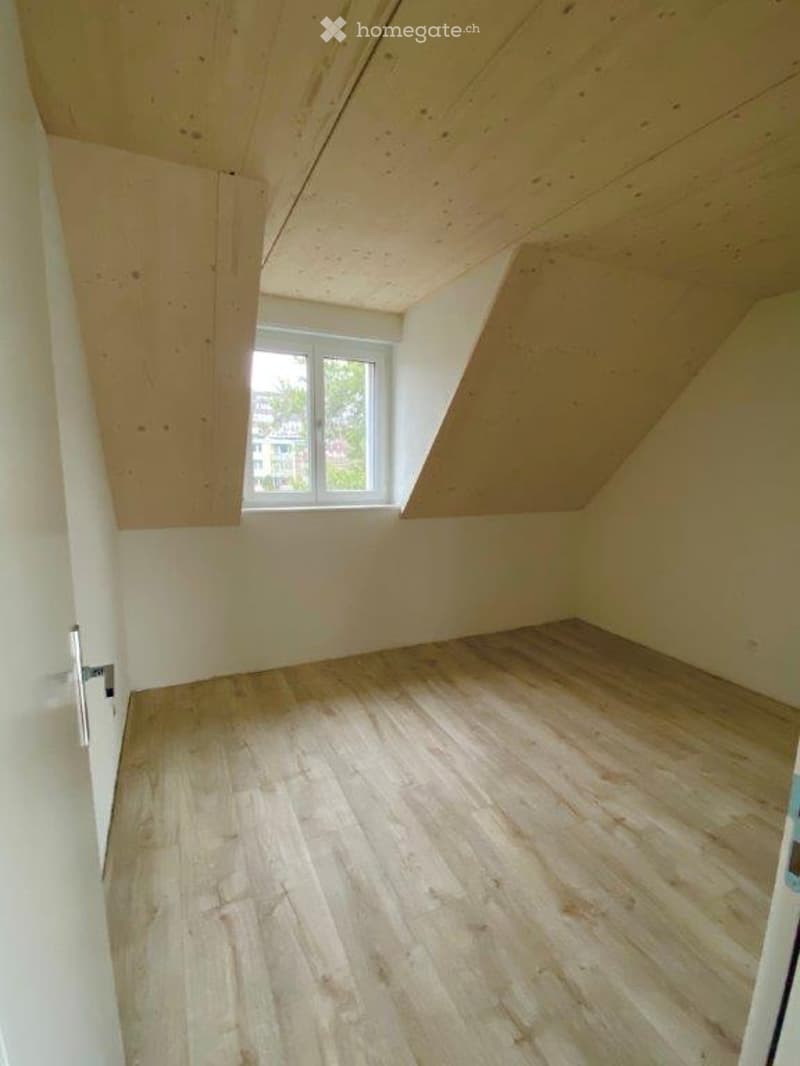Empty attic room with wooden floor, white walls, and a skylight window.
