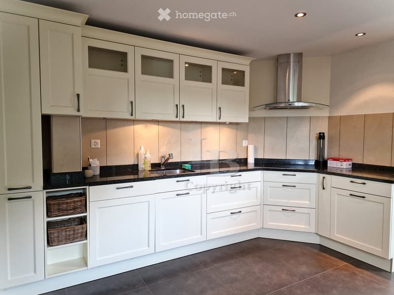 Modern kitchen with white cabinets, black countertops, stainless steel sink, and built-in oven hood. Includes wicker baskets in lower cabinet and various small items on the counter.