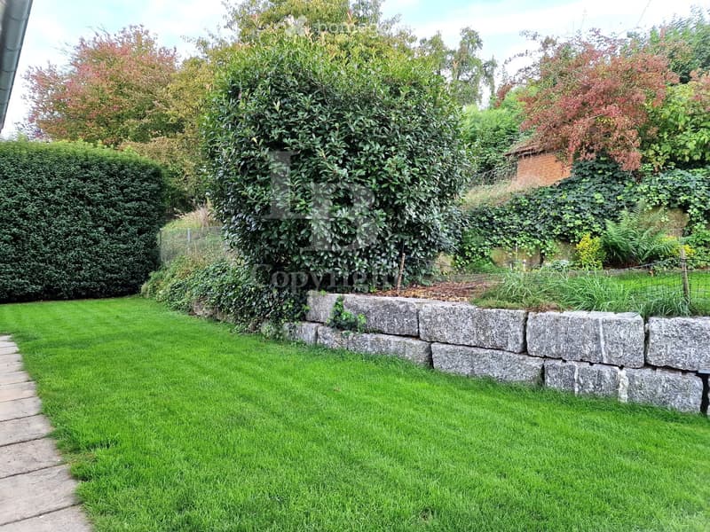 Well-maintained garden with a neatly trimmed lawn, a stone retaining wall, and various shrubs and trees providing privacy and greenery.