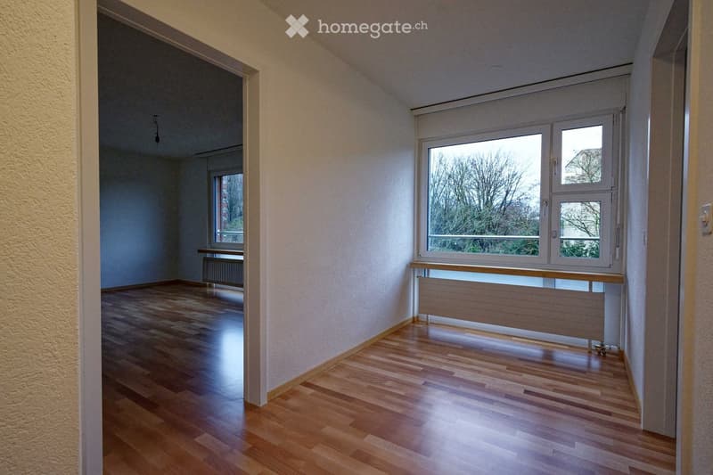 Empty room with wooden flooring, white walls, and large windows offering a view of trees outside. Radiators are visible beneath the windows.