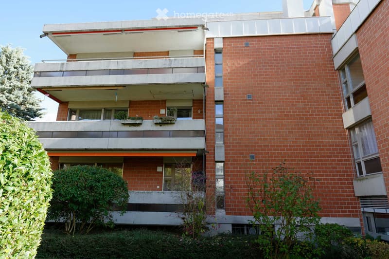 A multi-story brick building with balconies, large windows, and greenery around the base.