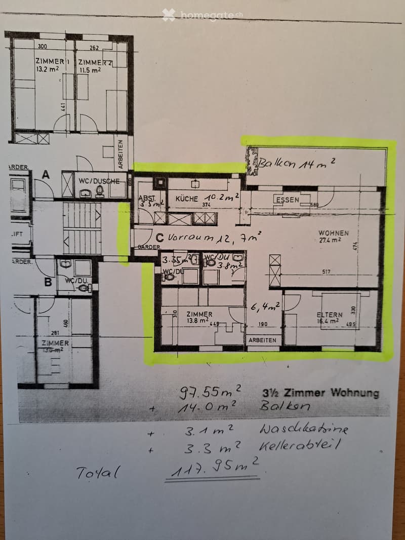 Floor plan of a 3.5-room apartment with a balcony, kitchen, living area, bedrooms, and bathrooms.