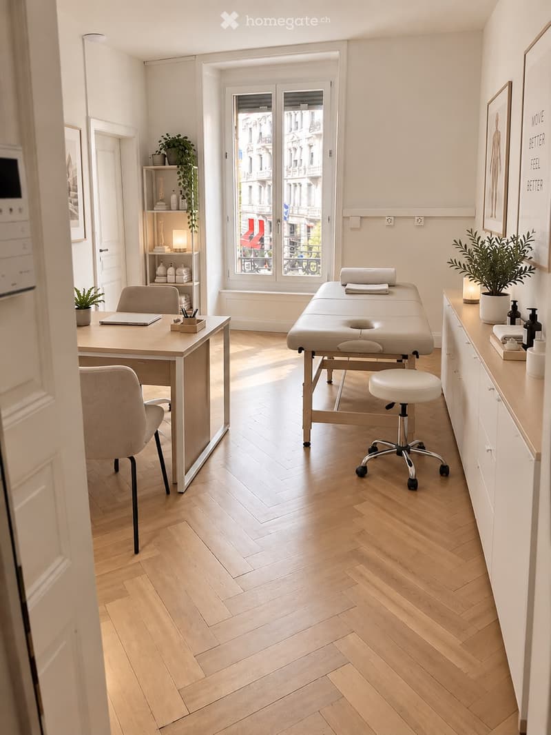 Well-lit room with wooden flooring, a massage table, a desk with a chair, a small cabinet, and a stool. The room features a large window with a view of the street and is decorated with plants and framed artwork.