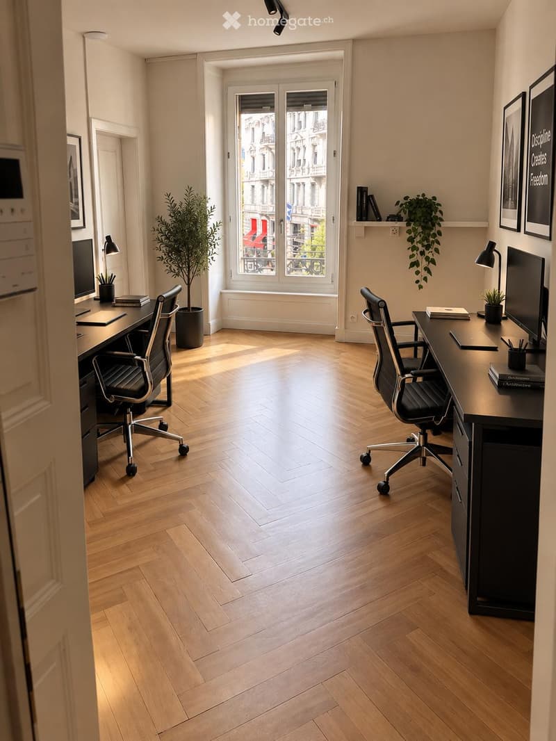 Modern office space with wooden herringbone flooring, two desks with chairs, computer screens, lamps, potted plants, and shelves with books and decorative items.