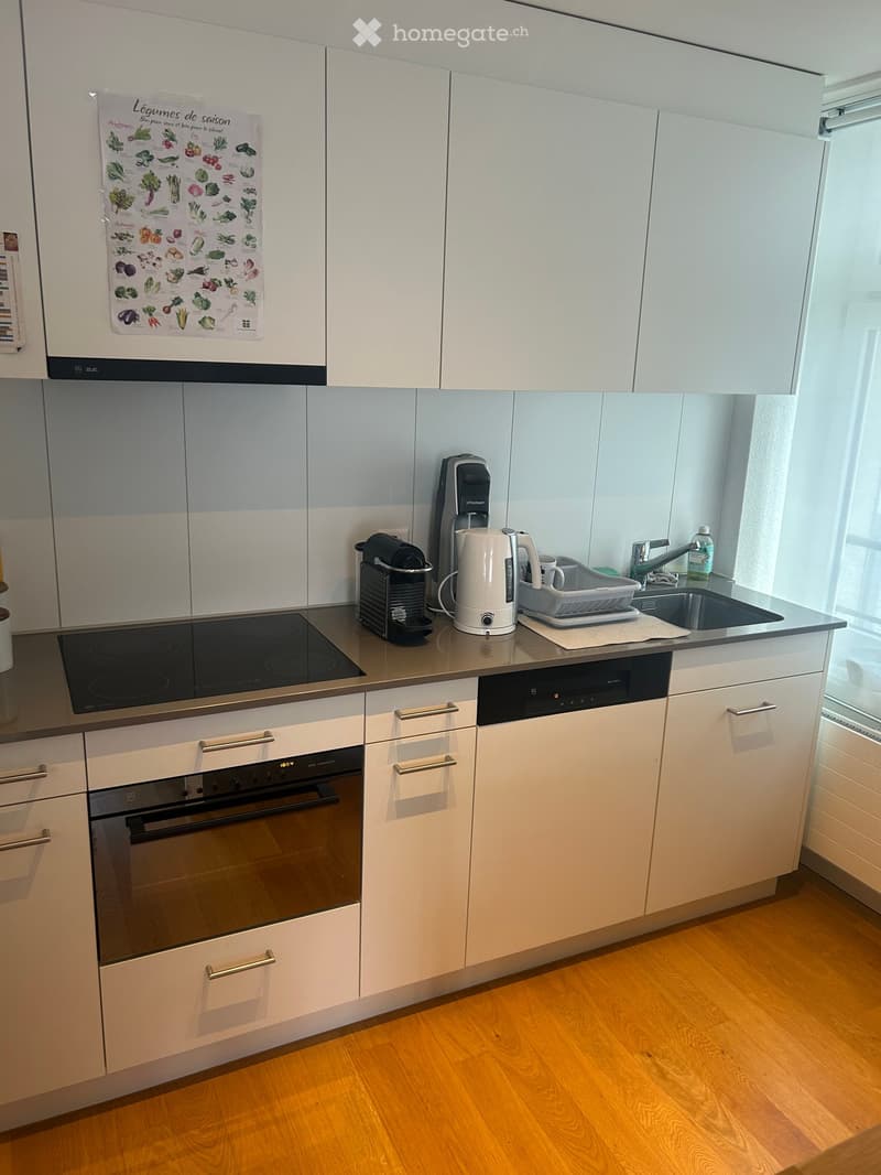 Modern kitchen with white cabinets, wooden flooring, induction stove, oven, dishwasher, coffee maker, electric kettle, sink, and a cup on the counter.