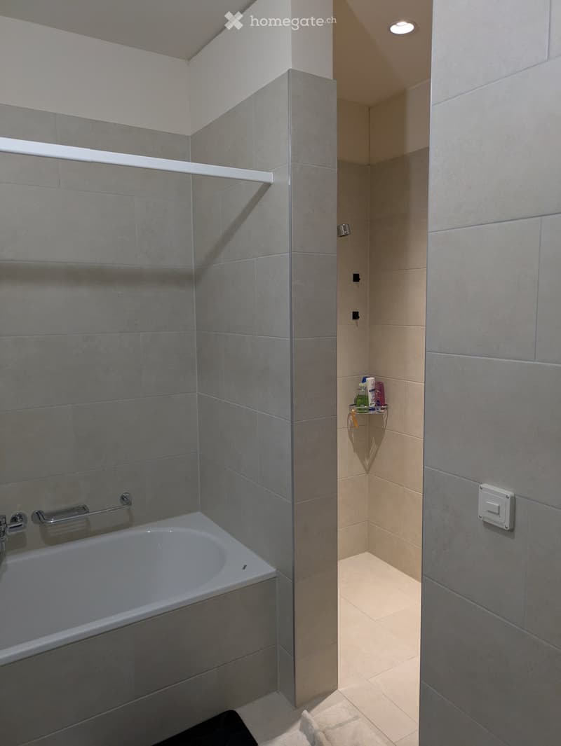 Modern bathroom with a bathtub, shower area, and a small shelf holding toiletries.