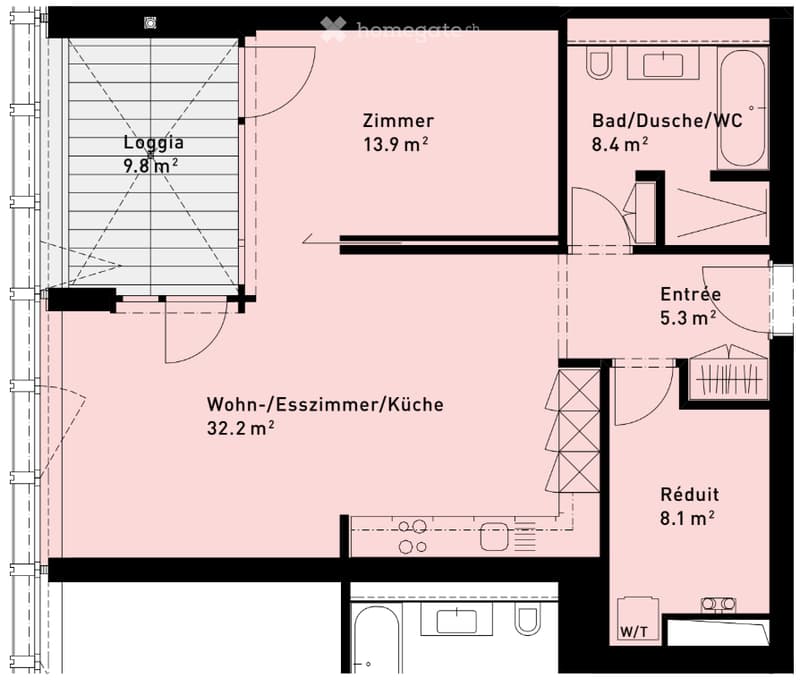 Floor plan showing a living/dining/kitchen area (32.2 m²), bedroom (13.9 m²), bathroom/shower/WC (8.4 m²), entrance (5.3 m²), closet (8.1 m²), and loggia (9.8 m²).
