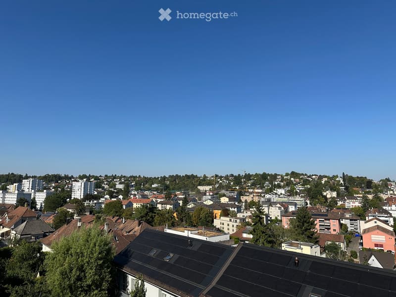 A panoramic view of a suburban neighborhood with numerous houses, trees, and a clear blue sky.