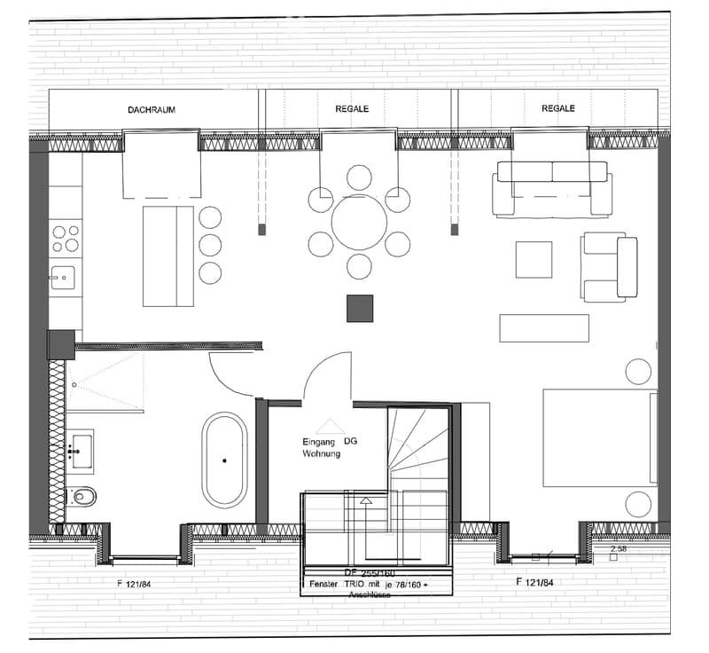 Floor plan of a residential space with labeled areas including Dachraum, Regale, and Eingang DG Wohnung. Features include a living area with circular seating arrangement, a kitchen area, and a bathroom with a bathtub and toilet.