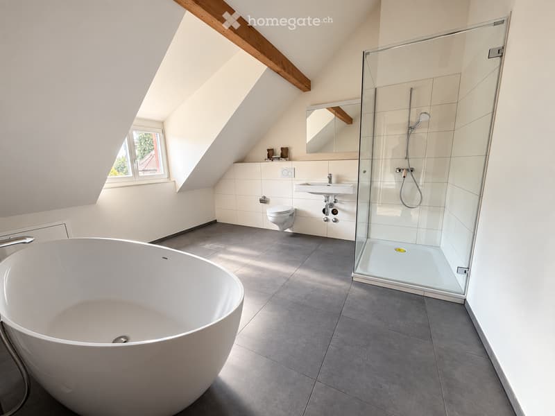 Modern bathroom with a large freestanding bathtub, toilet, sink, mirror, and glass-enclosed shower. The room features exposed wooden beams and a skylight window.