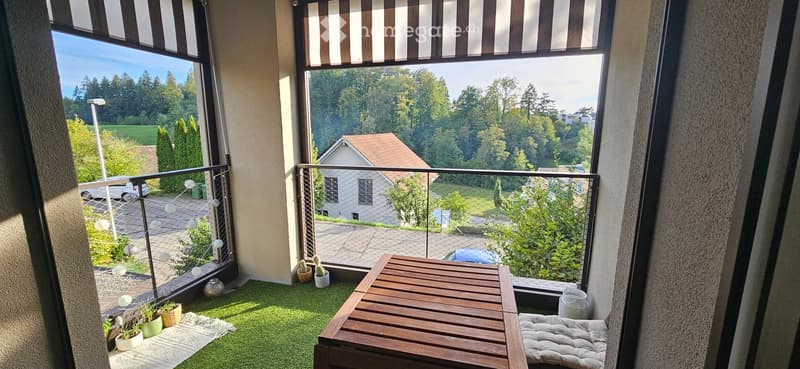 Balcony with wooden table, chair, potted plants, and a view of a green landscape and houses.