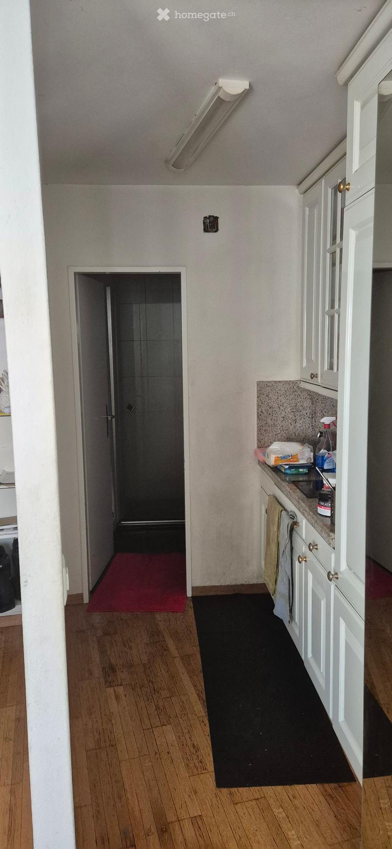 Empty hallway with wooden flooring, white walls, and a small kitchen area visible on the right side. A red rug is placed in the adjacent room, and a black mat lies in the hallway.