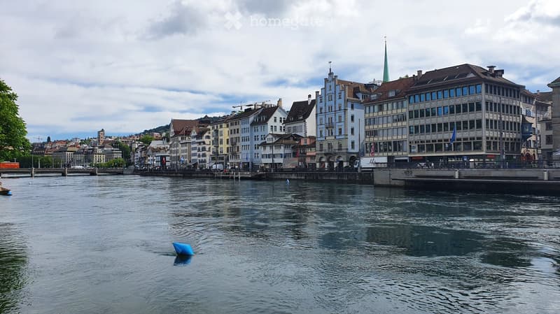 A view of a cityscape with a river running through it, featuring a mix of historic and modern buildings along the riverbank.