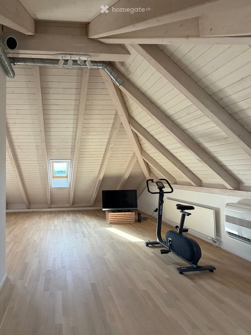 An attic room with wooden walls and ceiling beams, featuring a wooden floor, an exercise bike, a television on a wooden box, and a small window with a view.