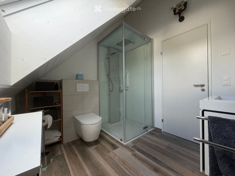 Modern bathroom with wooden flooring, a glass-enclosed shower, a toilet, a sink with a towel, and a small wooden shelf holding toiletries.