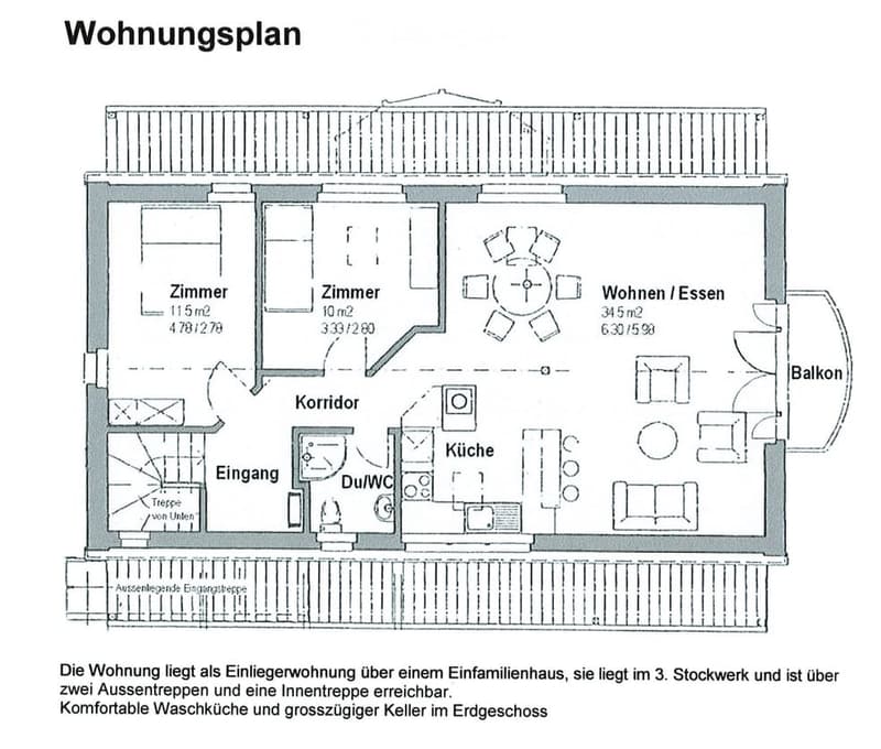 Floor plan of a 3-story apartment with living/dining area, kitchen, two bedrooms, bathroom, hallway, entrance, and balcony.