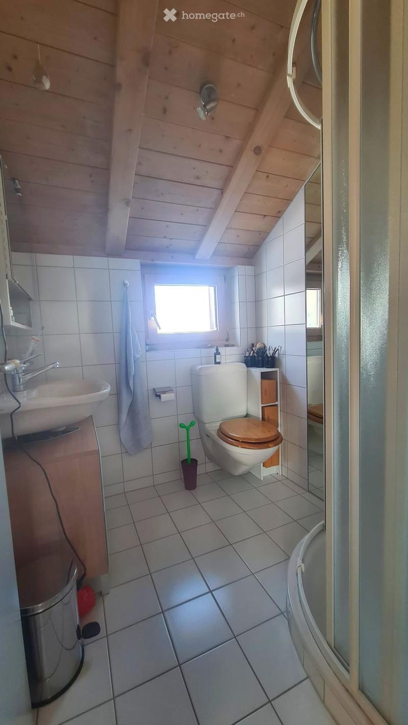 Bathroom with white tiled walls and floor, wooden ceiling beams, a sink with a faucet, a toilet with a wooden seat, a toilet brush, a mirror, a towel, and a small cupboard with toiletries.