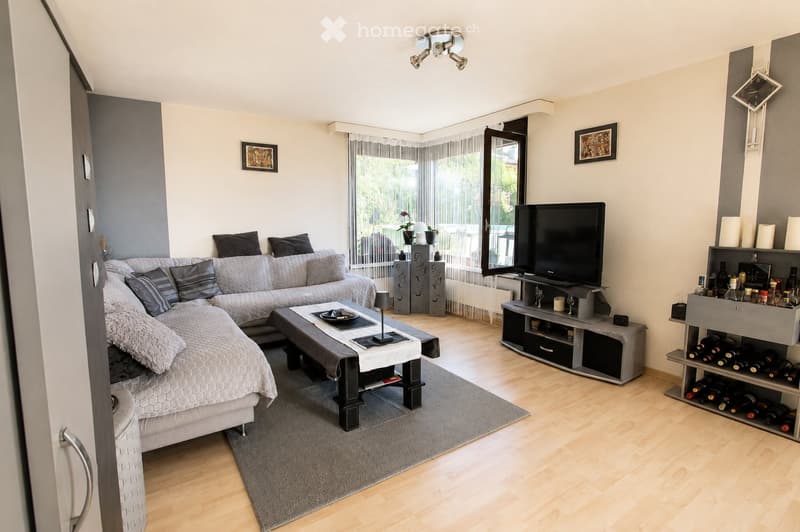 Modern living room with a grey sectional sofa, coffee table, TV, wine rack, and decorative items. Large windows provide natural light.