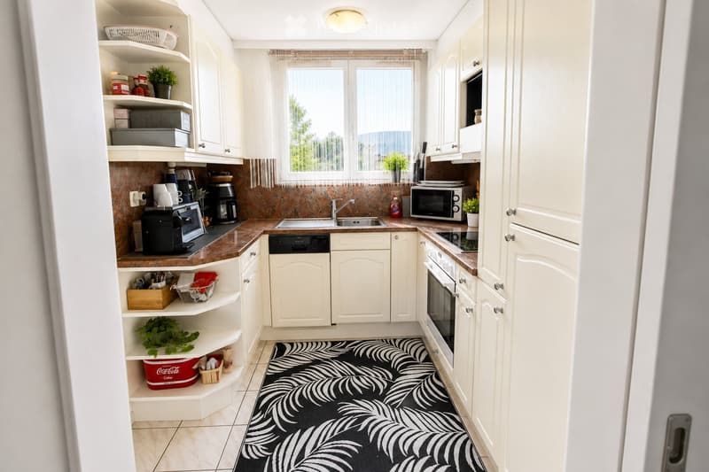 Bright, modern kitchen with white cabinets, a central island, and a black and white patterned rug. Features include a sink, oven, microwave, coffee maker, and various storage shelves with plants and kitchen items.