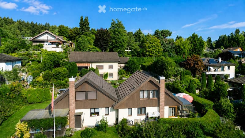 Aerial view of a residential area with multiple houses surrounded by lush greenery and trees. The houses have varied architectural styles, including pitched roofs and modern designs, with well-maintained gardens and driveways.