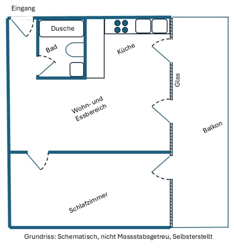 Floor plan of a 1-bedroom apartment with living and dining area, kitchen, bathroom, shower, and balcony.