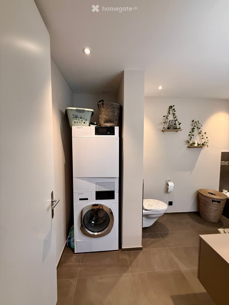 Modern bathroom with a private washing machine, toilet, wicker basket, and decorative shelves with plants.