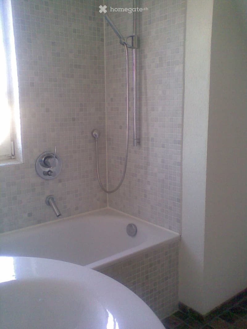 Modern bathroom with a bathtub, tiled walls, and a showerhead with handheld sprayer.