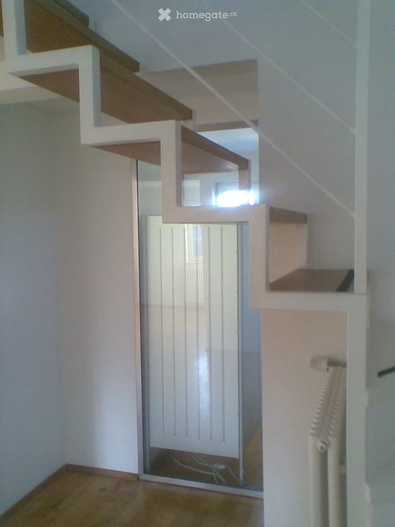 Modern hallway with white walls, wooden floor, and a glass door leading to another room.